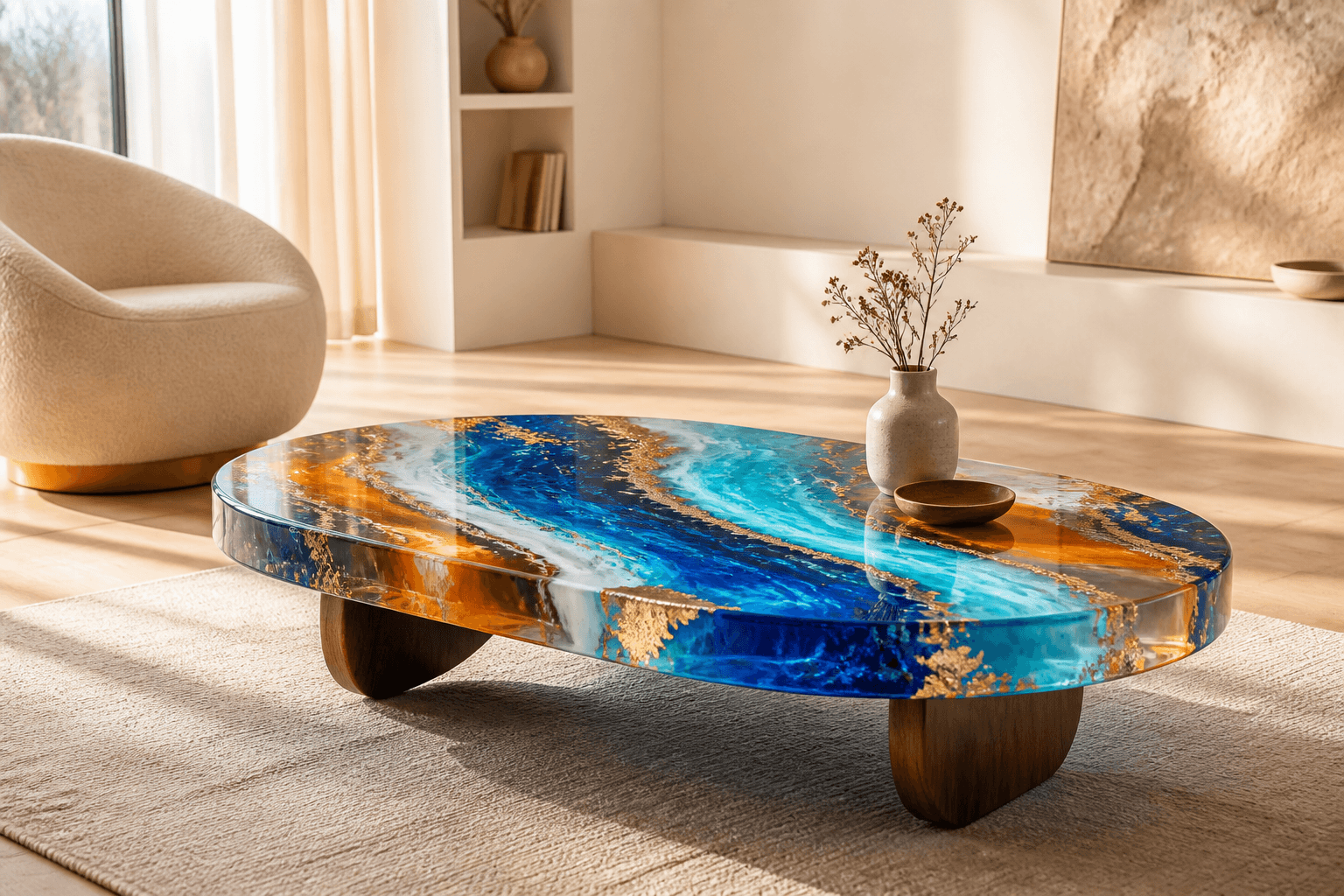 Vivid blue and gold epoxy resin coffee table in a warm modern living room